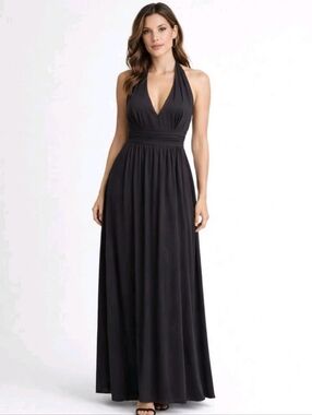 Davids Bridal Black Maxi Halter Dress Size 2 Pleated Chiffon Bridesmaid Backless